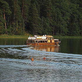 An old, small and wooden boat is driving in front of a forest. 